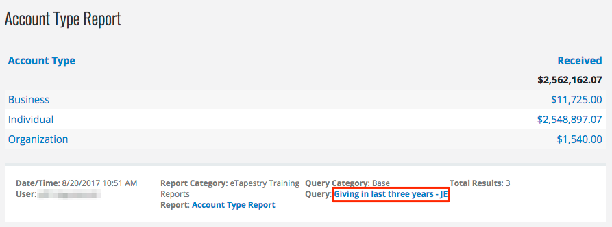 Account type giving report in eTapestry