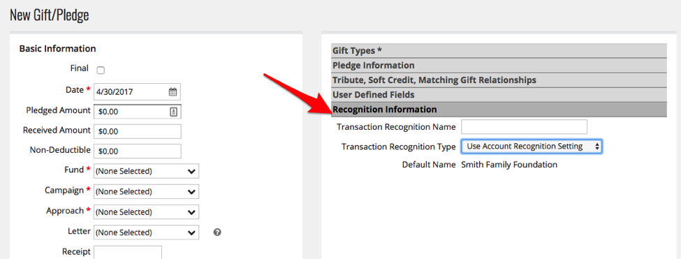 Transaction donor recognition in eTapestry