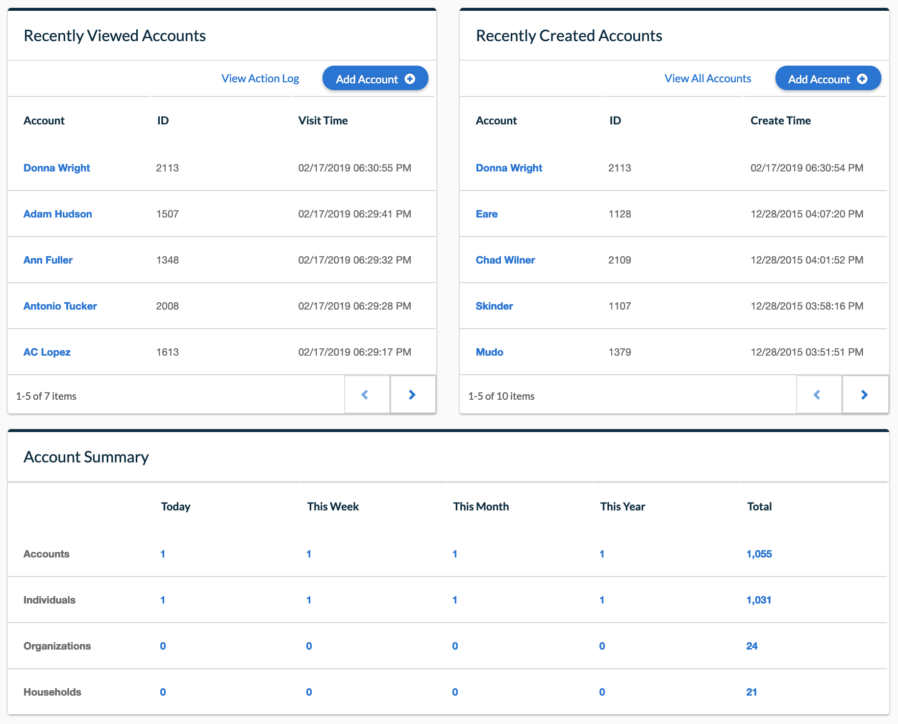 NeonCRM’s Recently Viewed Accounts, Recently Created Accounts, and Account Summary widgets displaying account overview data.