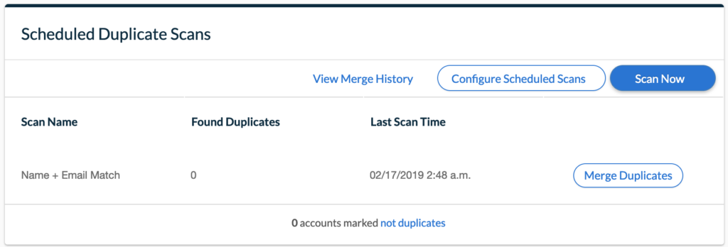 NeonCRM’s Scheduled Duplicate Scans widget displaying options to configure scheduled scans, scan now, and most recent scan data.
