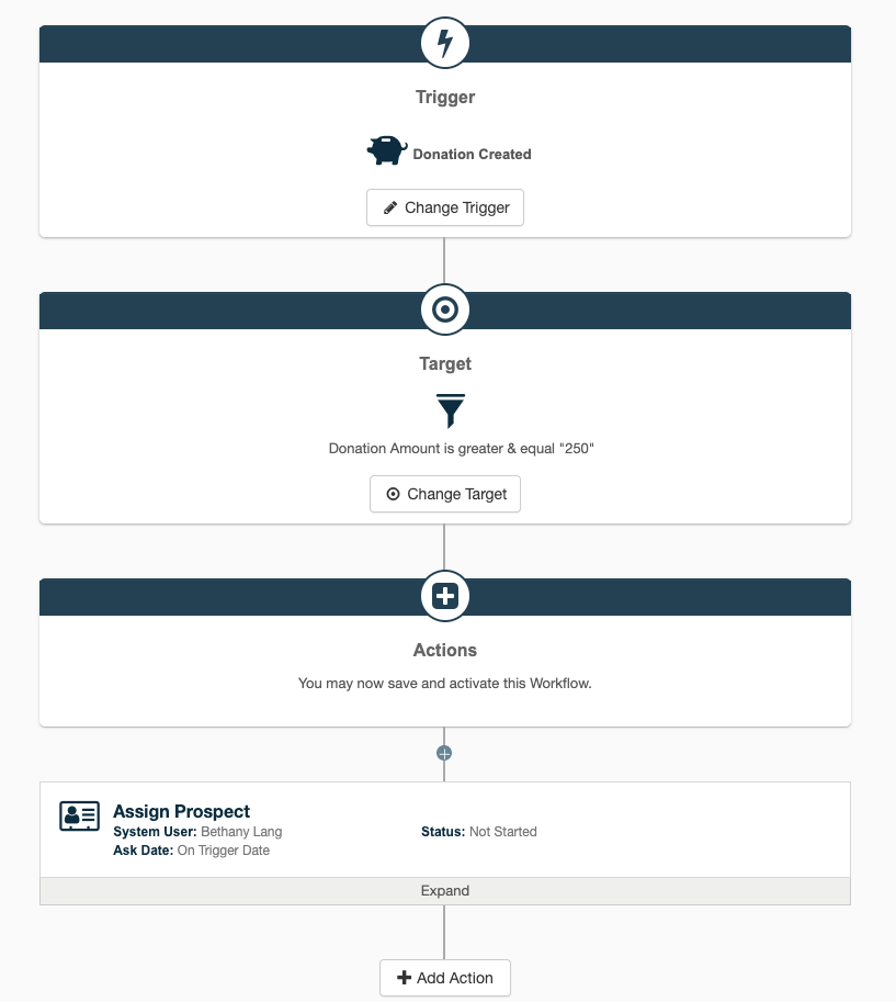 A Workflow for adding a Prospect to an account when they make a donation of $250 or more.